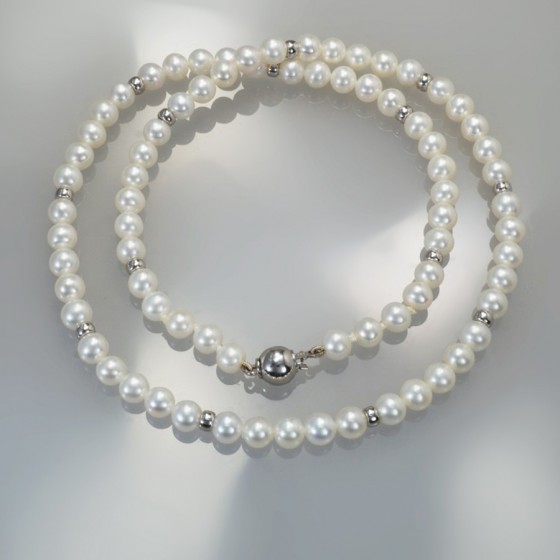 Ref. 789/16 Collier de perles d'eau douce, blanc, 45 cm, fermoir boule et rondelles argent