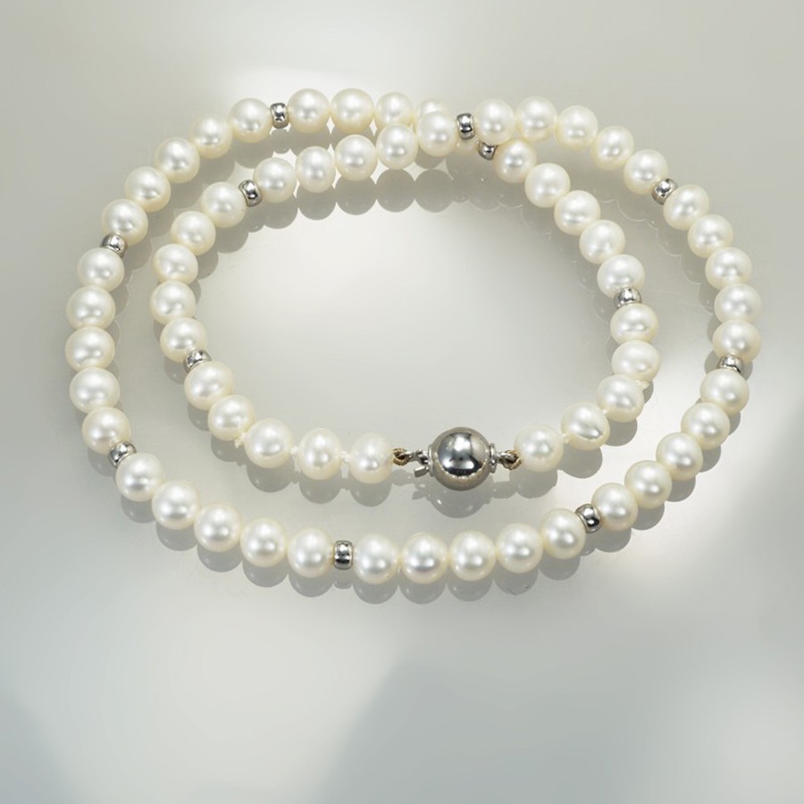 Ref. 789/19 Collier de perles d'eau douce, blanc, 42 cm, fermoir boule et rondelles argent