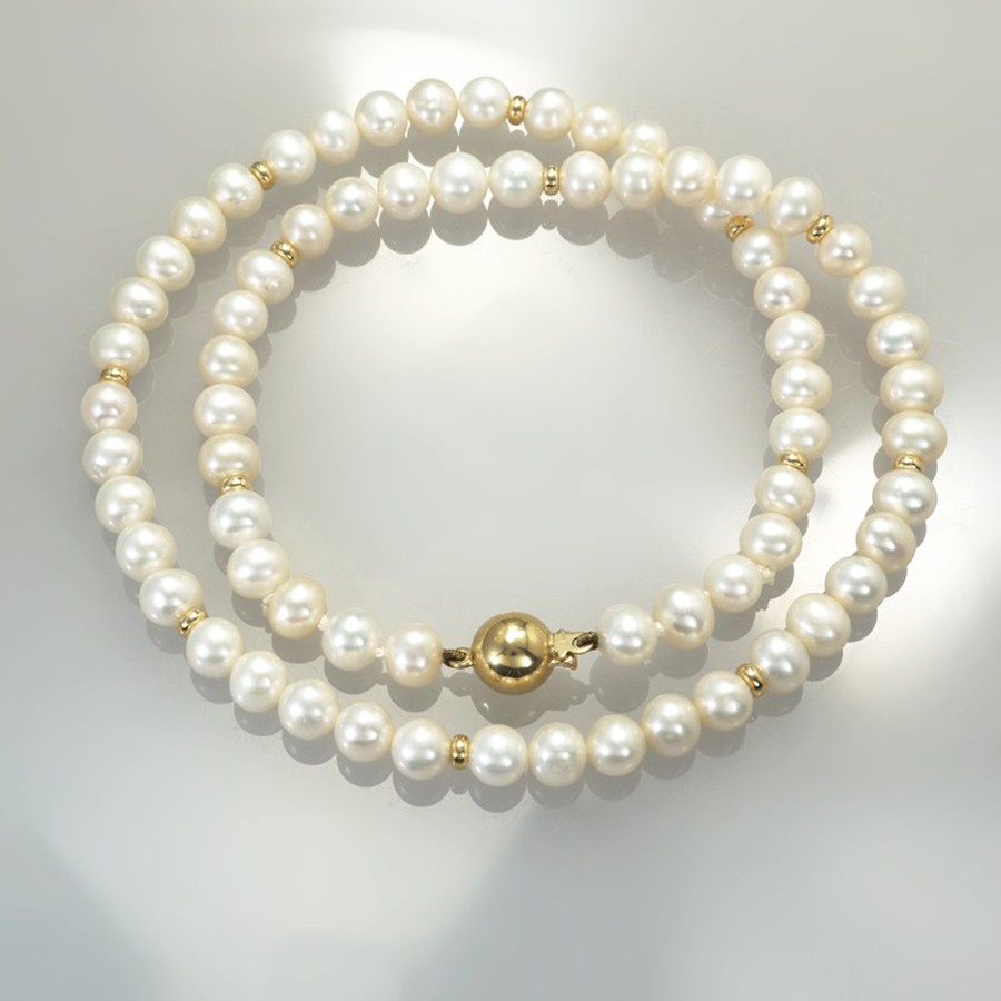 Ref. 789/16 Collier de perles d'eau douce, blanc, 45 cm, fermoir boule et rondelles 750 or jaune